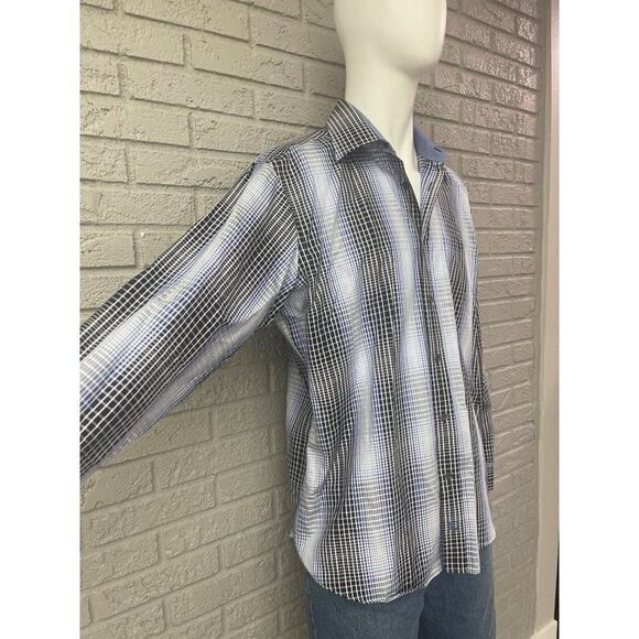 Bugatchi Blue Striped Plaid Long Sleeve Shirt Size XL - Picture 2 of 12